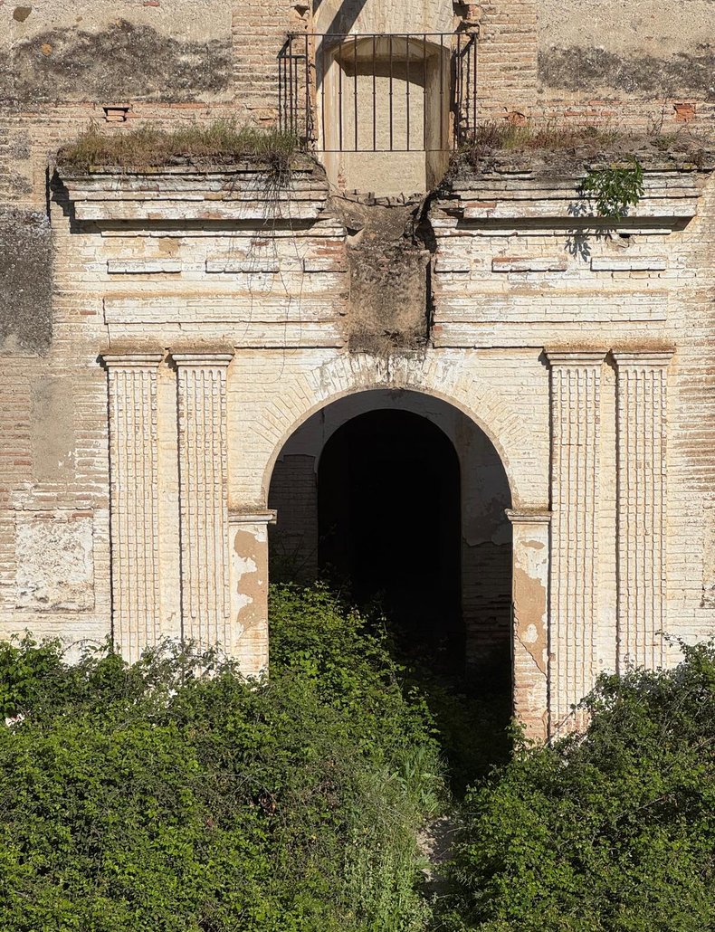 Entrada con arco, pilastras y balcón, invadida por la vegetación