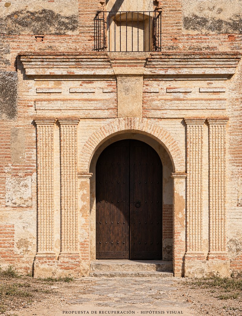 Recreación con IA de la entrada restaurada, con portón de madera